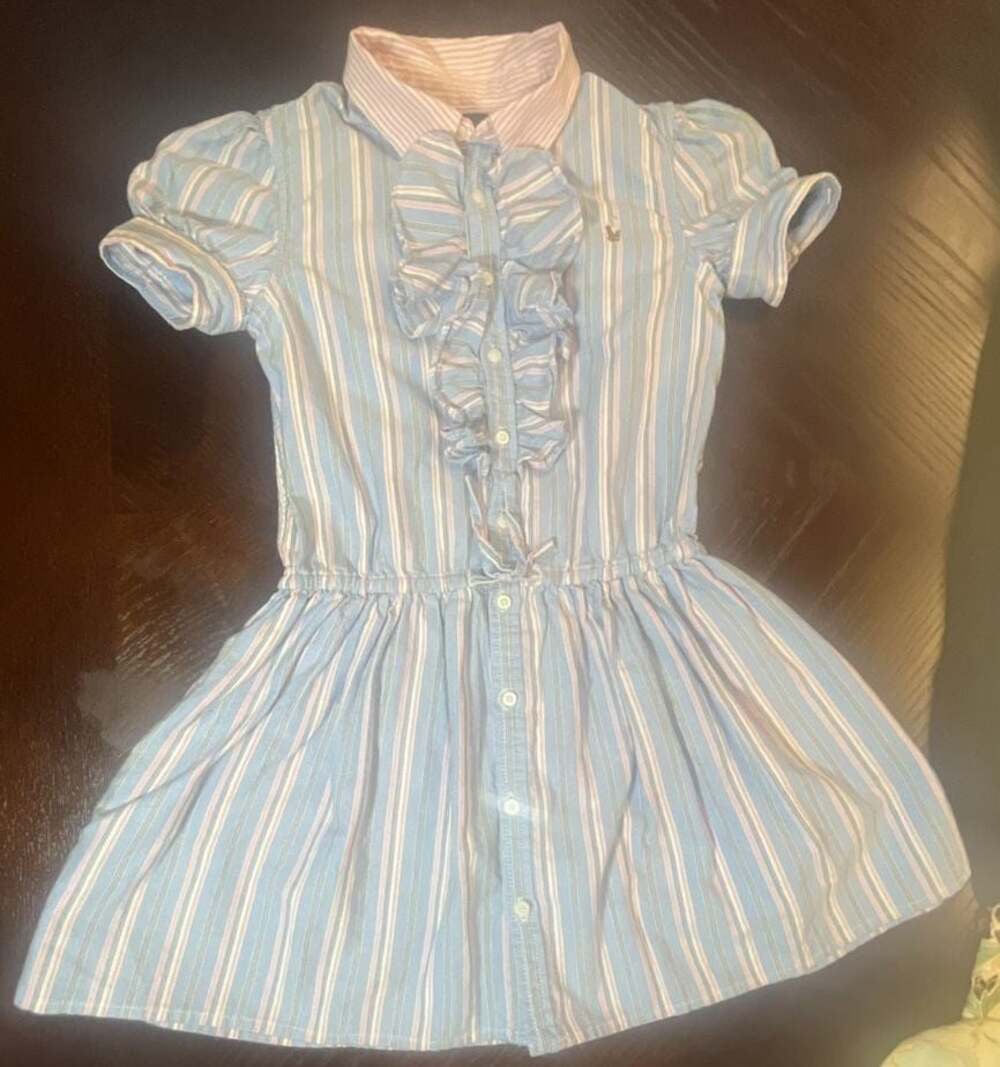 Ralph Lauren Girls Blue and Pink Striped Ruffled Cotton Shirtdress, Size 6 - Picture 2 of 11